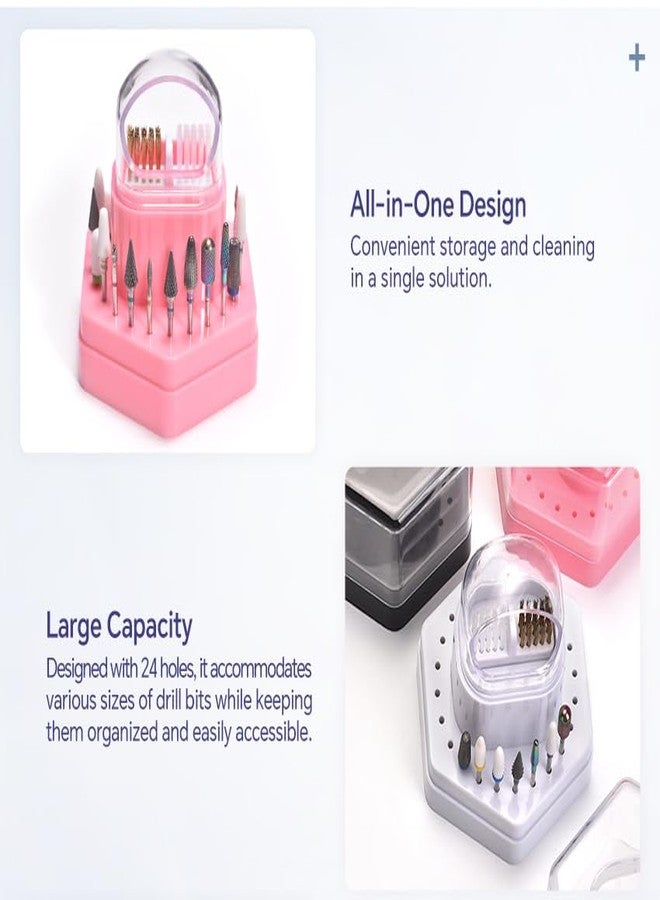 Rolabling 2 in 1 Nail Drill Bit Holder & Cleaner Brush Case 24 Holes Dustproof Storage Organizer for Nail Tech, Manicure/Pedicure Tools with Dust Collector (Pink) - Image 3